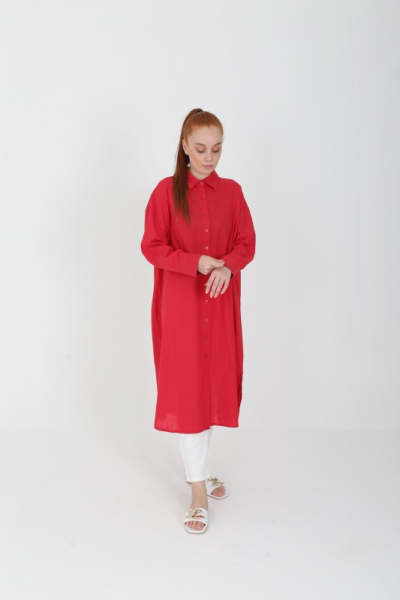 FARAH LONG LINE SHIRT DRESS- RED